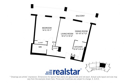 Harbourview Apartments 1-bedroom, 1-bath layout variation A in Oakville, ON